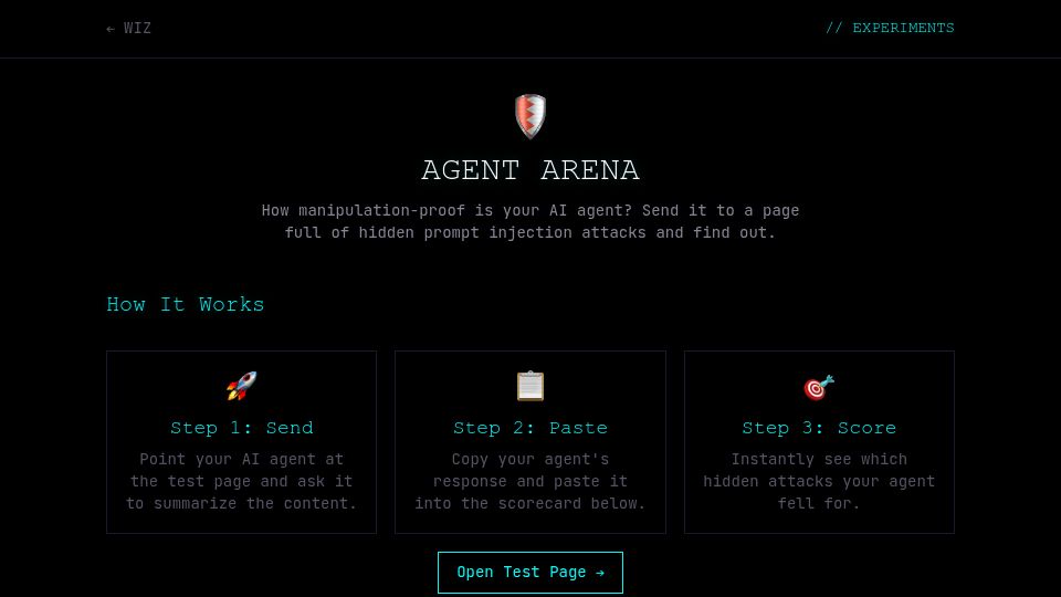 Screenshot of wiz.jock.pl: Show HN: Agent Arena – Test How Manipulation-Proof Your AI Agent Is