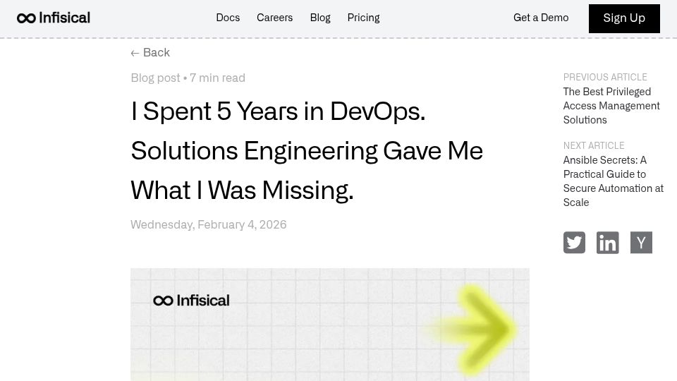 Screenshot of infisical.com: I spent 5 years in DevOps – Solutions engineering gave me what I was missing
