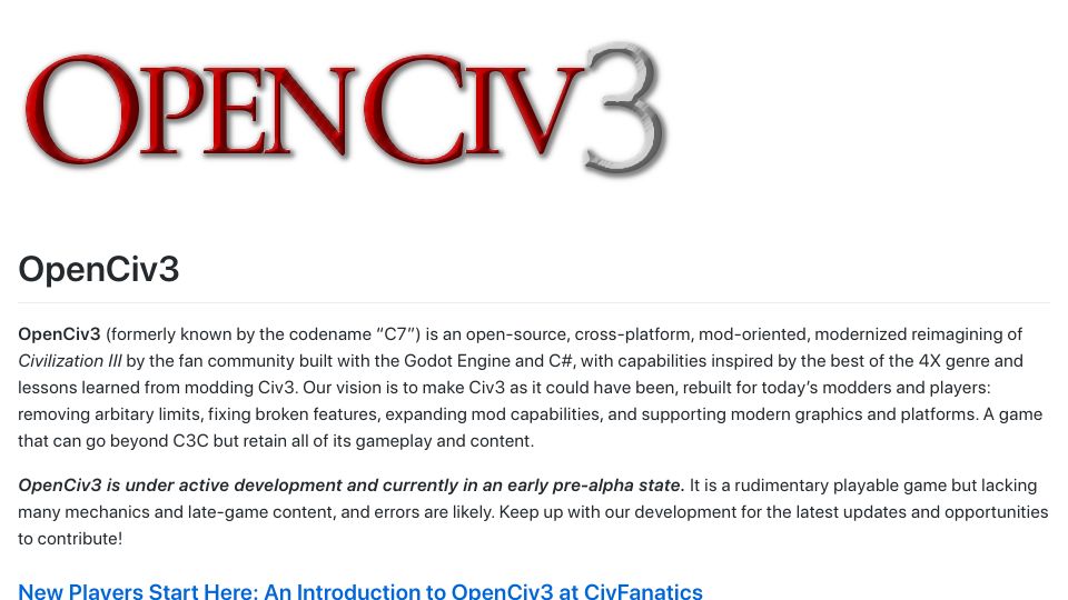 Screenshot of openciv3.org: OpenCiv3: Open-source, cross-platform reimagining of Civilization III