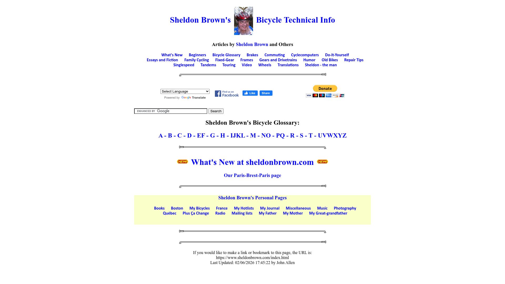 Screenshot of sheldonbrown.com: Sheldon Brown's Bicycle Technical Info