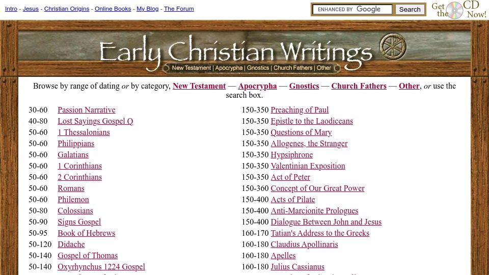Screenshot of earlychristianwritings.com: Early Christian Writings