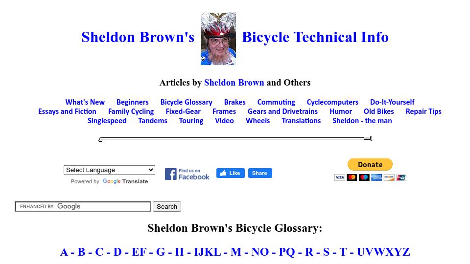Screenshot of sheldonbrown.com: Sheldon Brown's Bicycle Technical Info