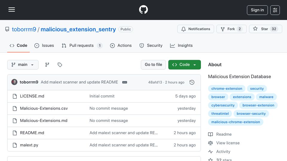 Screenshot of github.com: Show HN: Daily-updated database of malicious browser extensions
