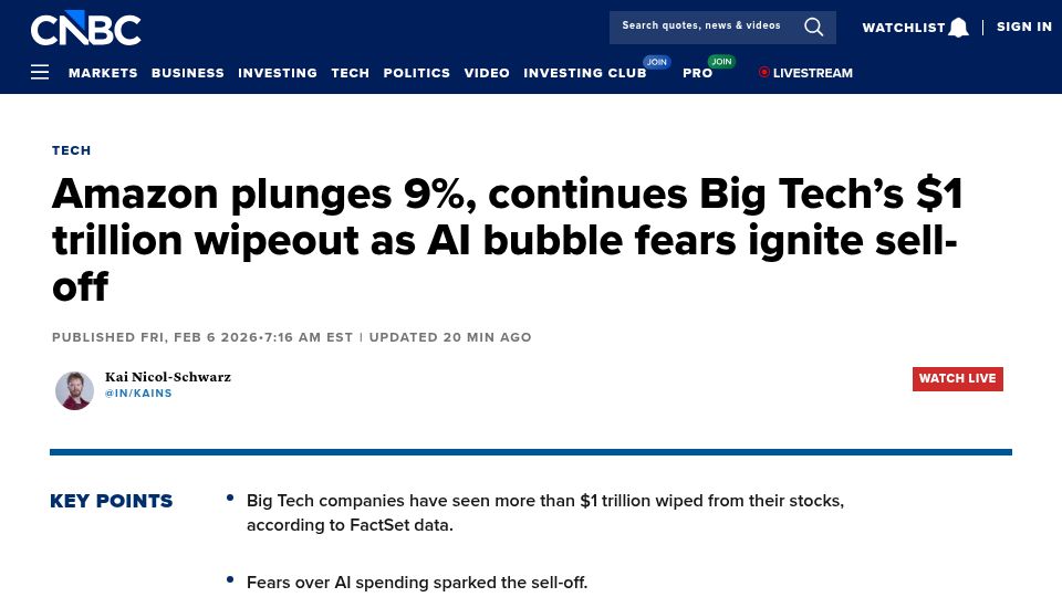 Screenshot of cnbc.com: Amazon plunge continues $1T wipeout as AI bubble fears ignite sell-off