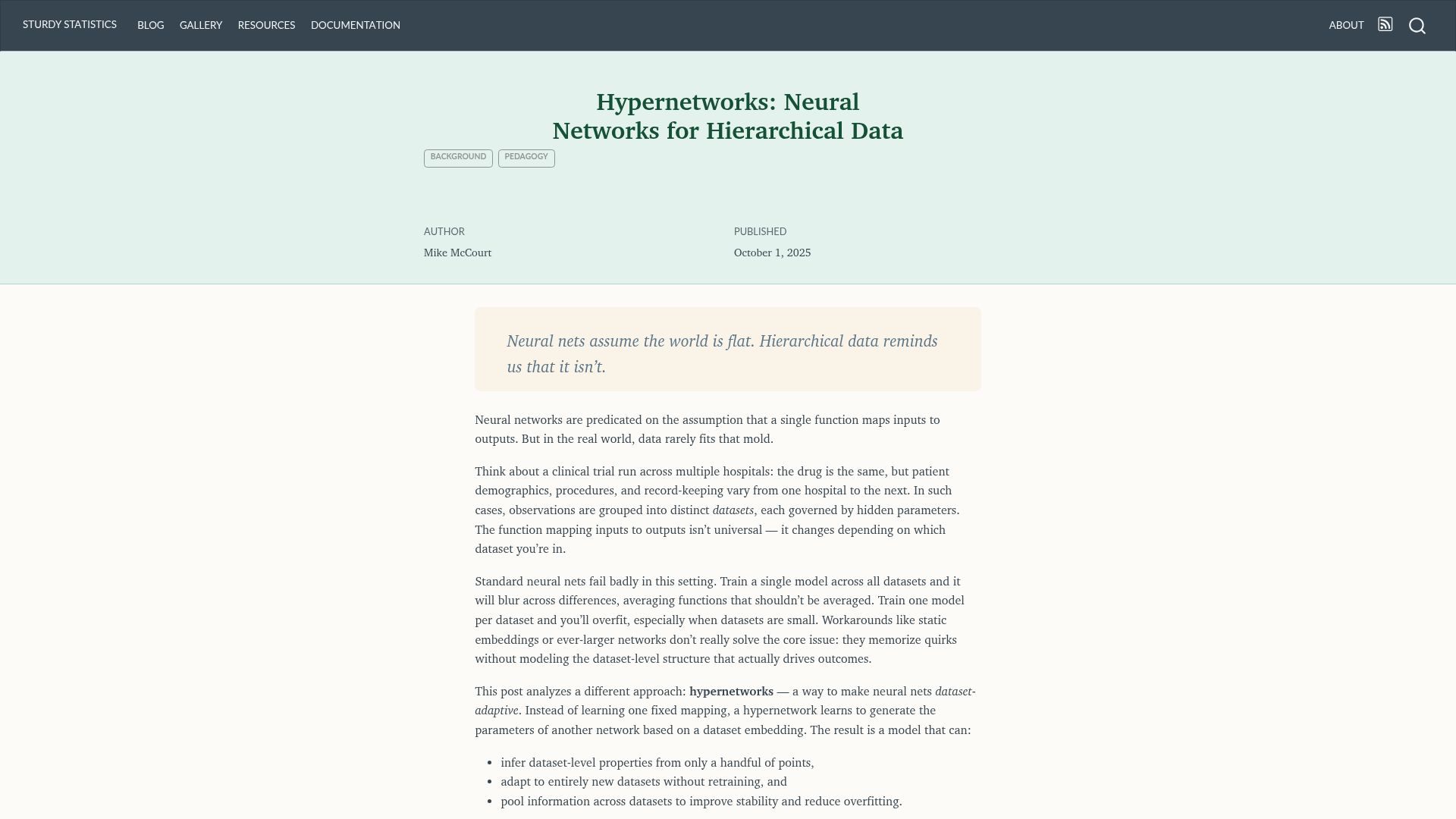 Screenshot of blog.sturdystatistics.com: Hypernetworks: Neural Networks for Hierarchical Data