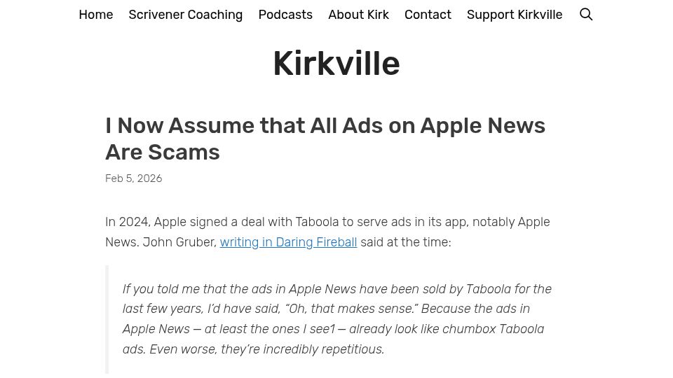 Screenshot of kirkville.com: I now assume that all ads on Apple news are scams