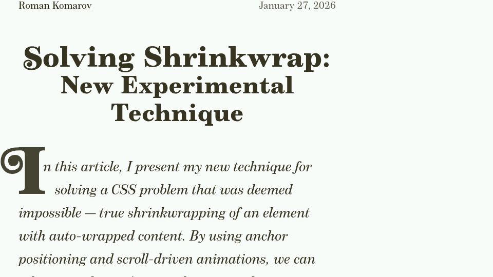 Screenshot of kizu.dev: Solving Shrinkwrap: New Experimental Technique
