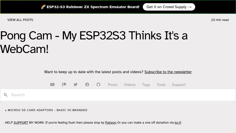 Screenshot of atomic14.com: Pong Cam – My ESP32S3 Thinks It's a WebCam