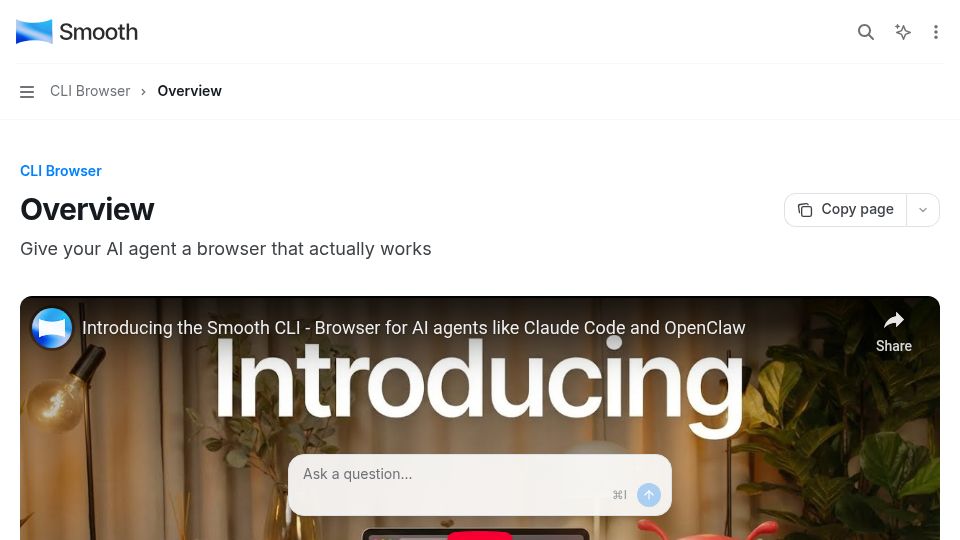 Screenshot of docs.smooth.sh: Show HN: Smooth CLI – Token-efficient browser for AI agents