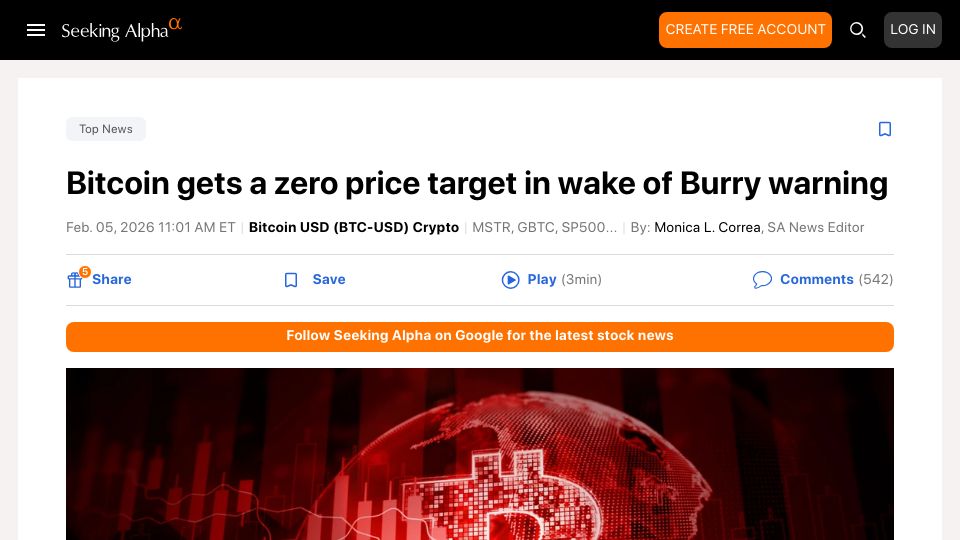 Screenshot of seekingalpha.com: Bitcoin gets a zero price target in wake of Burry warning
