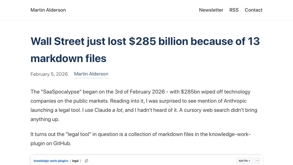 Screenshot of martinalderson.com: Wall Street just lost $285B because of 13 Markdown files