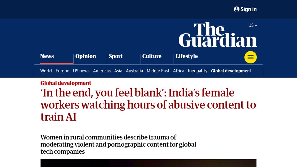 Screenshot of theguardian.com: India's female workers watching hours of abusive content to train AI
