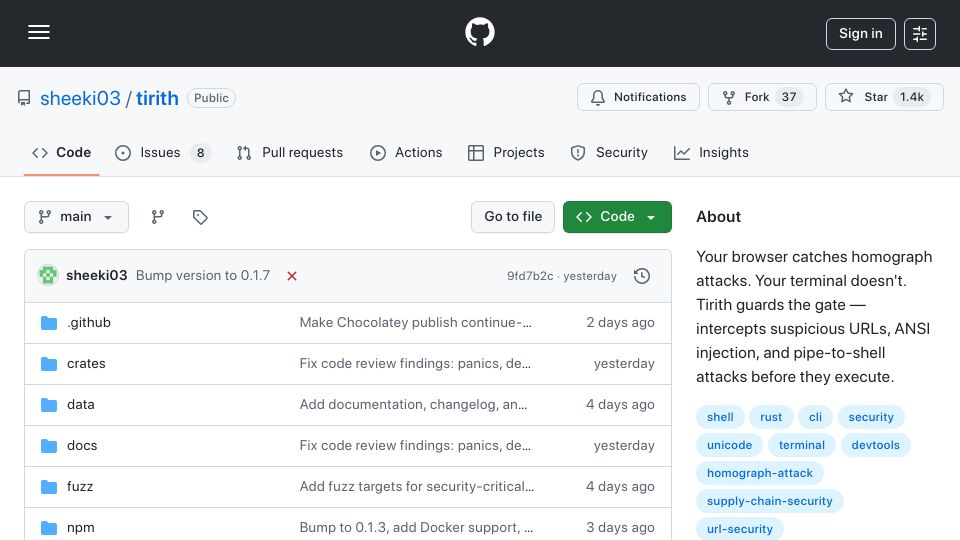 Screenshot of github.com: The browser catches homograph attacks, the terminal doesn't