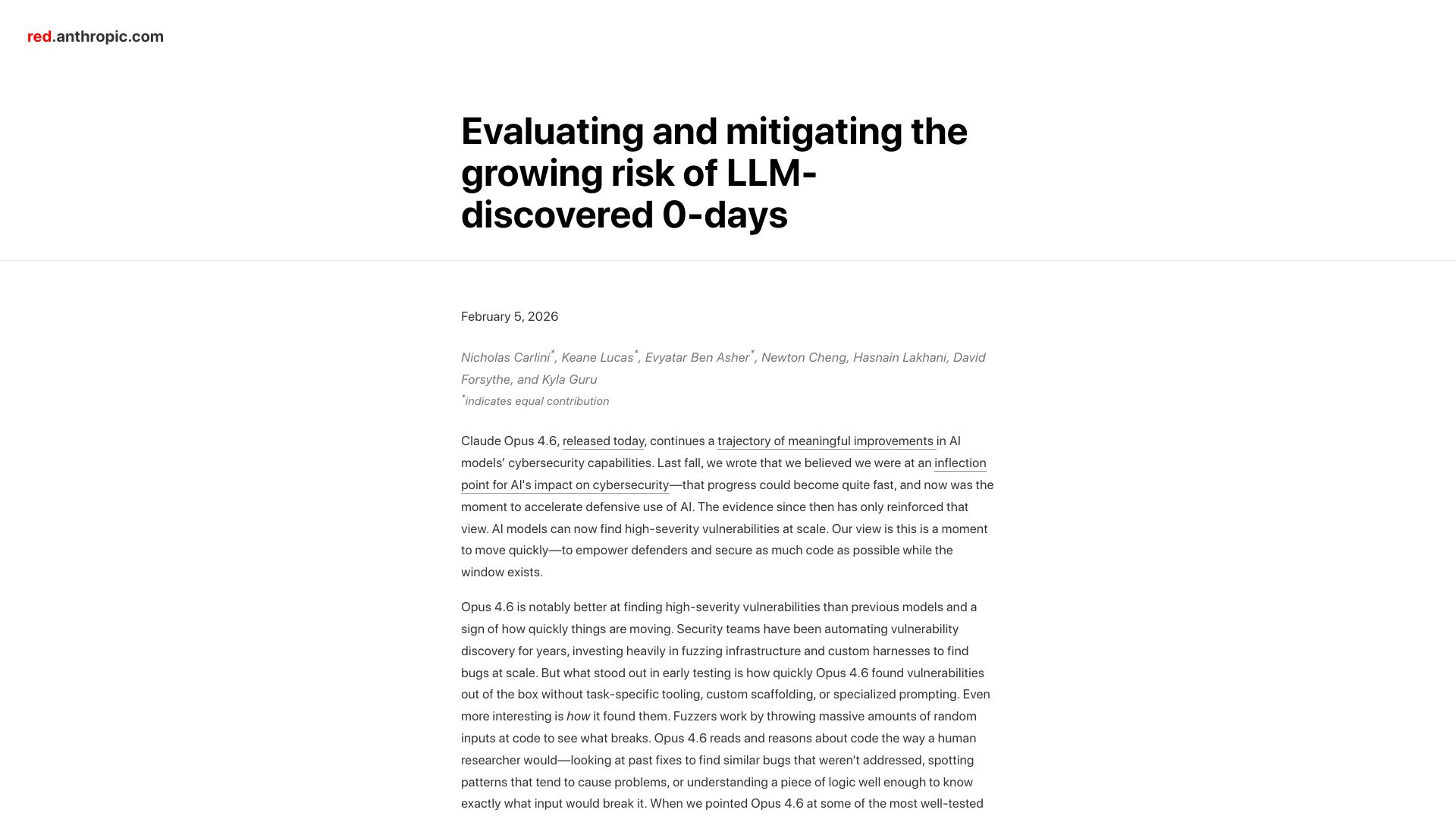 Screenshot of red.anthropic.com: Evaluating and mitigating the growing risk of LLM-discovered 0-days