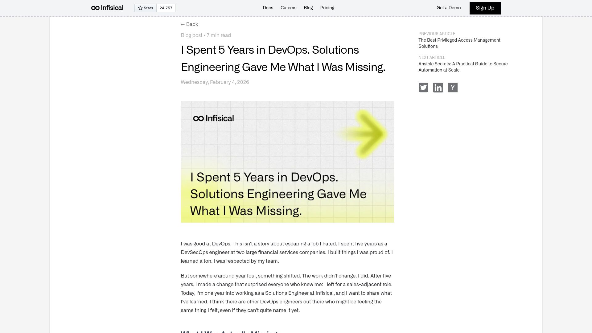 Screenshot of infisical.com: I spent 5 years in DevOps – Solutions engineering gave me what I was missing