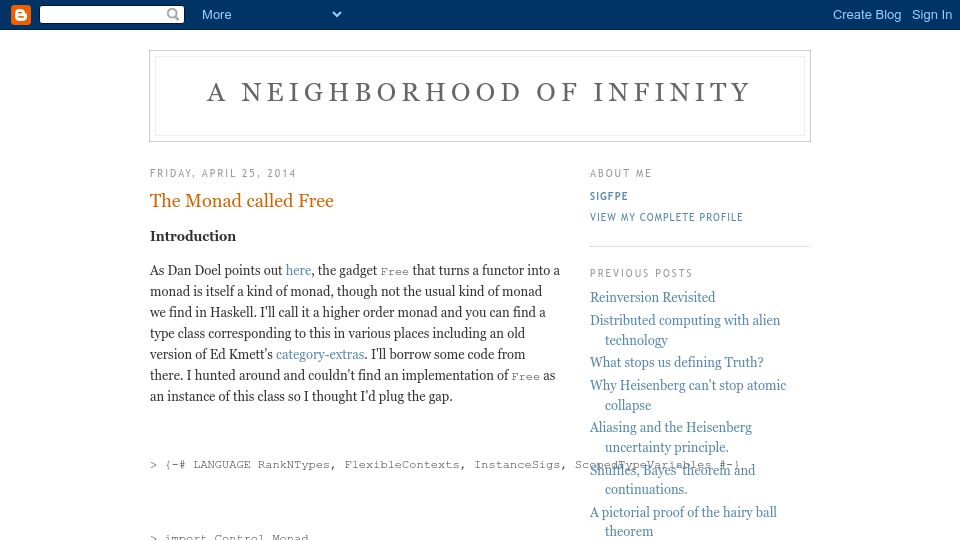 Screenshot of blog.sigfpe.com: The Monad Called Free