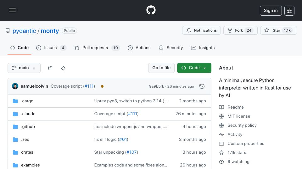 Screenshot of github.com: Monty: A minimal, secure Python interpreter written in Rust for use by AI