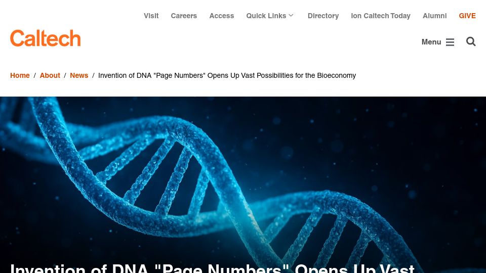 Screenshot of caltech.edu: Invention of DNA "page numbers" opens up possibilities for the bioeconomy