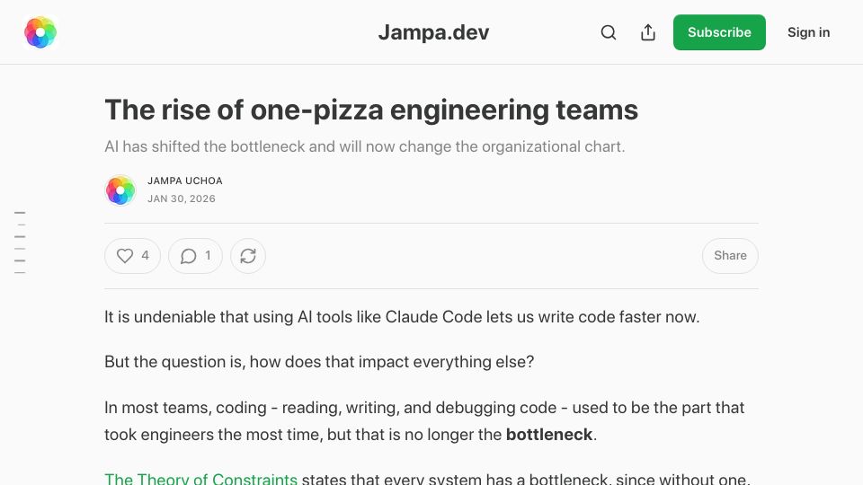 Screenshot of jampa.dev: Product and design are the new bottlenecks
