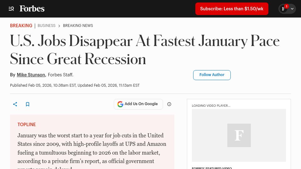 Screenshot of forbes.com: U.S. Jobs Disappear at Fastest January Pace Since Great Recession
