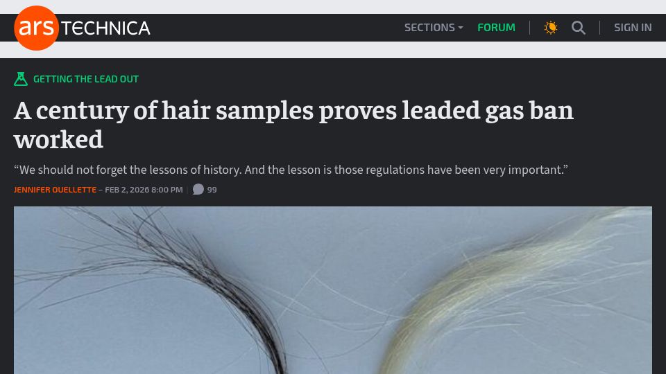 Screenshot of arstechnica.com: A century of hair samples proves leaded gas ban worked