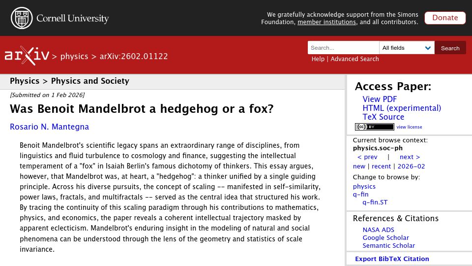 Screenshot of arxiv.org: Was Benoit Mandelbrot a hedgehog or a fox?