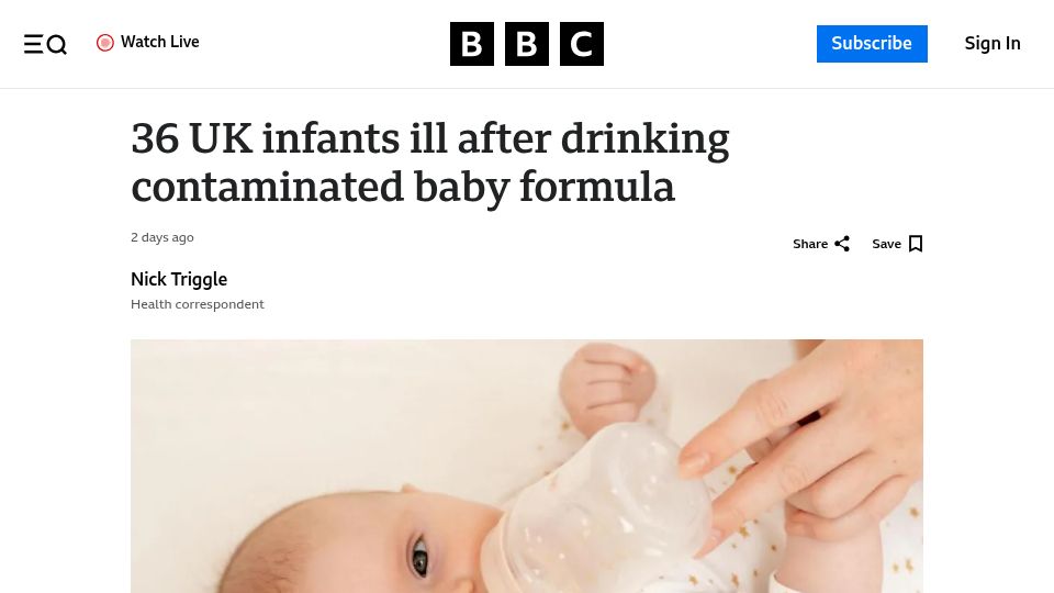 Screenshot of bbc.com: UK infants ill after drinking contaminated baby formula of Nestle and Danone