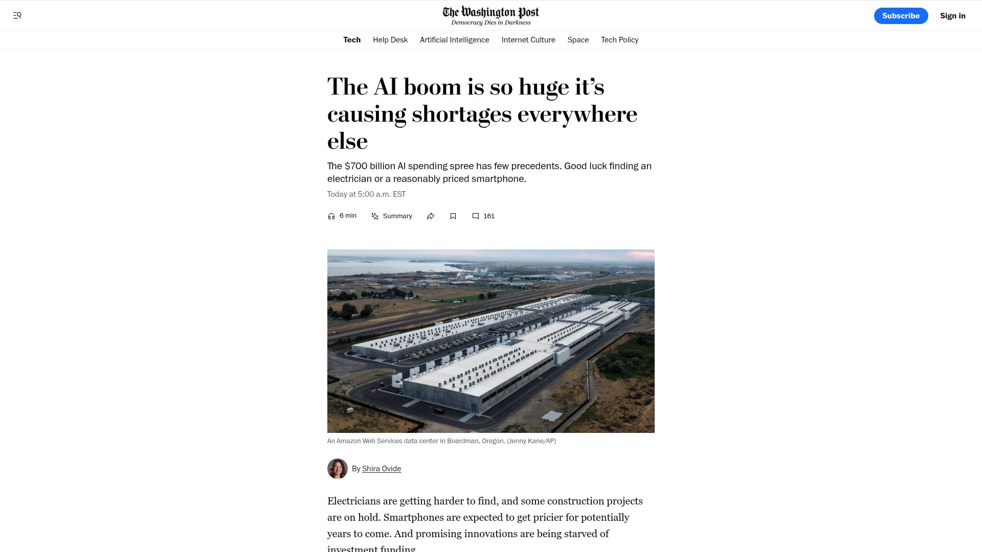 Screenshot of washingtonpost.com: The AI boom is causing shortages everywhere else
