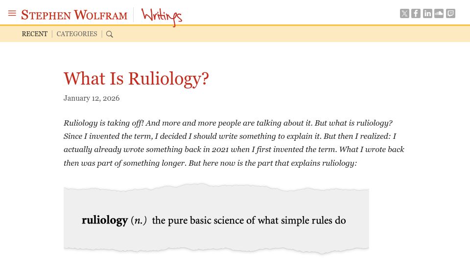 Screenshot of writings.stephenwolfram.com: What Is Ruliology?
