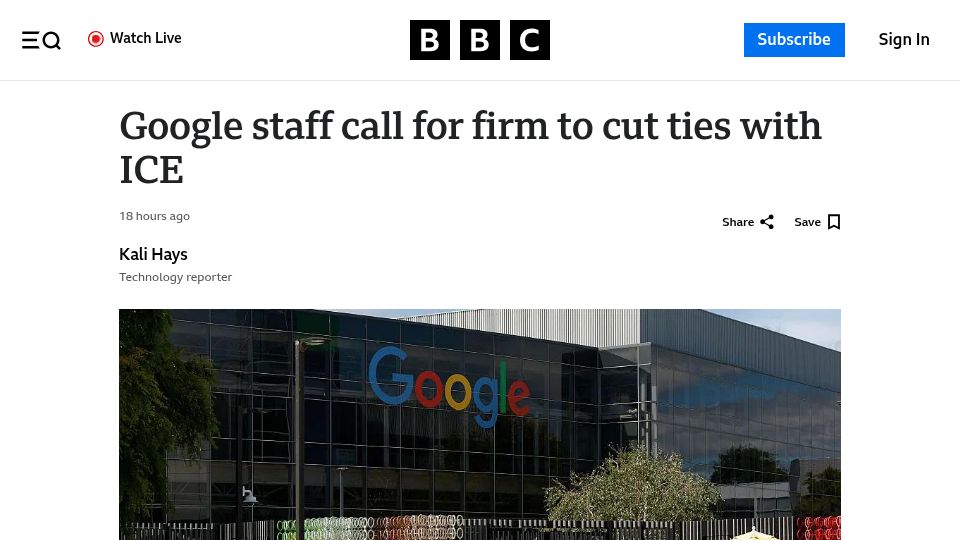 Screenshot of bbc.com: Google staff call for firm to cut ties with ICE