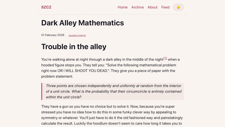 Screenshot of blog.szczepan.org: Dark Alley Mathematics