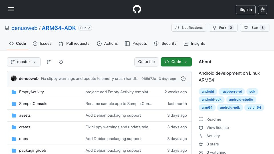 Screenshot of github.com: Show HN: ARM64 Android Dev Kit