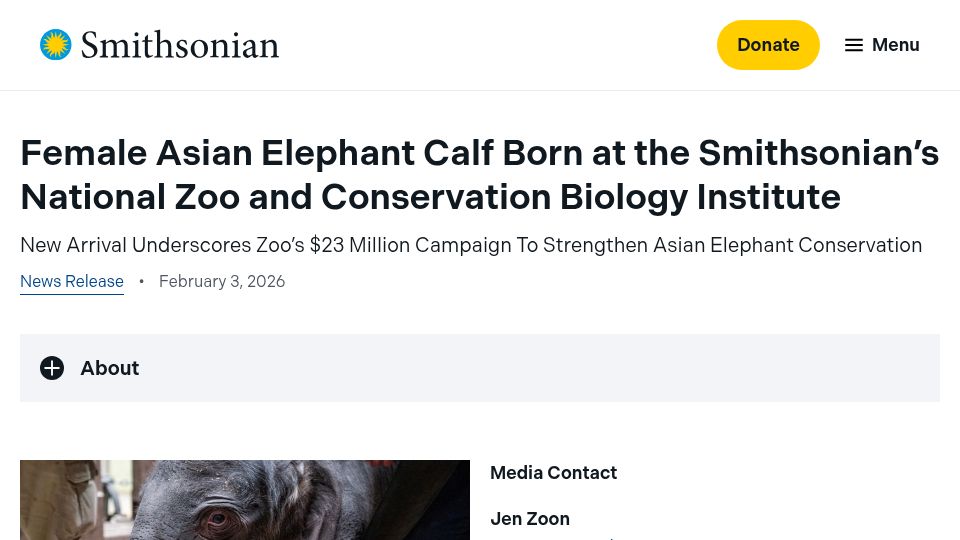 Screenshot of si.edu: Female Asian Elephant Calf Born at the Smithsonian National Zoo
