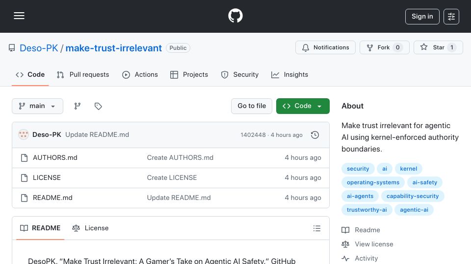 Screenshot of github.com: Make Trust Irrelevant: A Gamer's Take on Agentic AI Safety