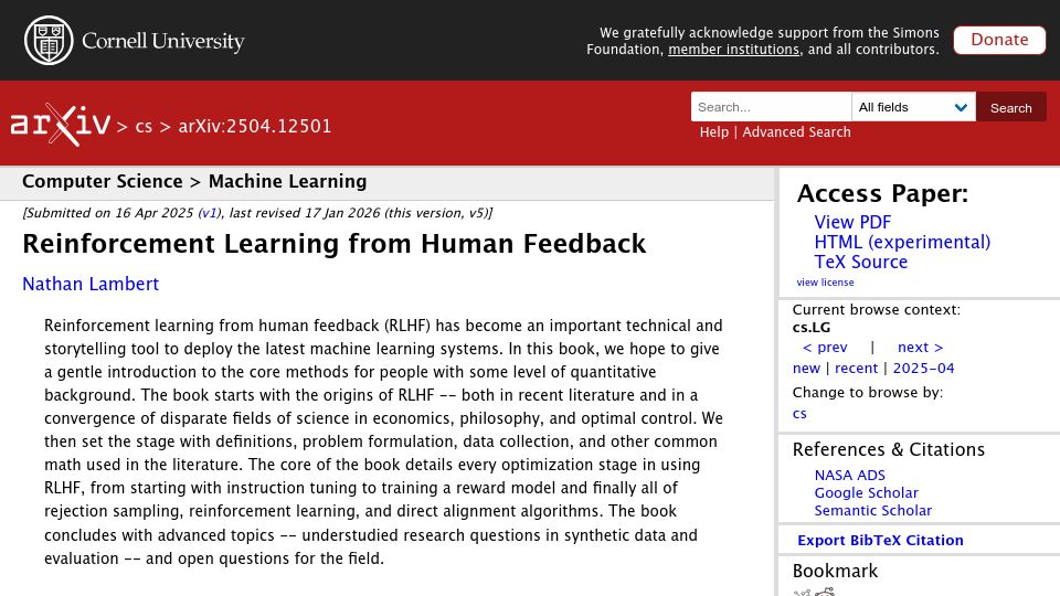 Screenshot of rlhfbook.com: Reinforcement Learning from Human Feedback