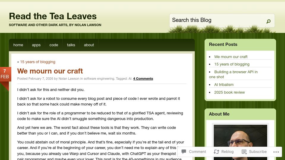 Screenshot of nolanlawson.com: We mourn our craft