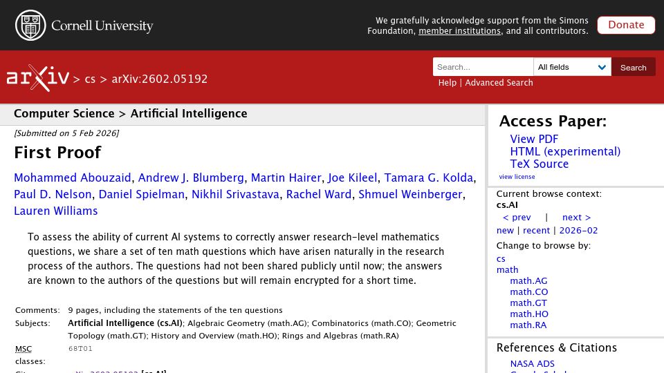 Screenshot of arxiv.org: First Proof