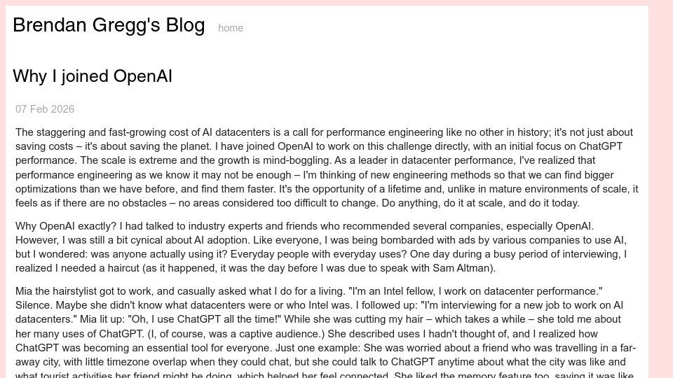 Screenshot of brendangregg.com: Why I Joined OpenAI