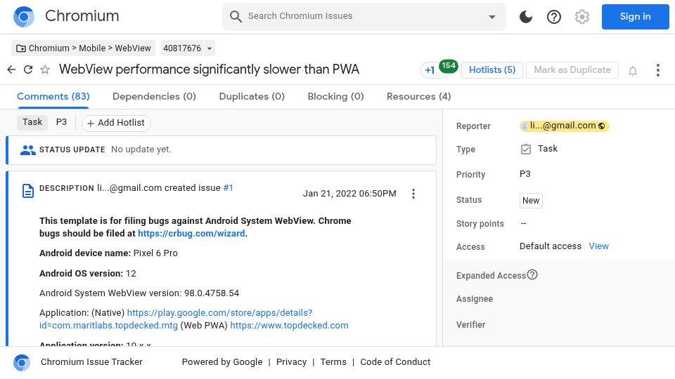 Screenshot of issues.chromium.org: WebView performance significantly slower than PWA
