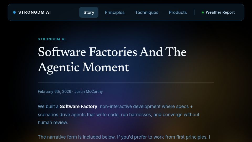 Screenshot of factory.strongdm.ai: Software factories and the agentic moment