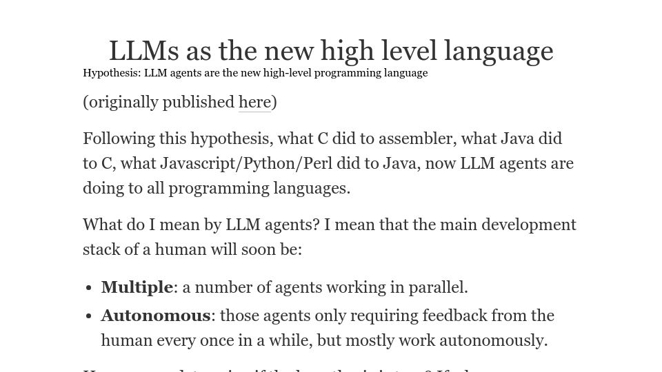 Screenshot of federicopereiro.com: LLMs as the new high level language