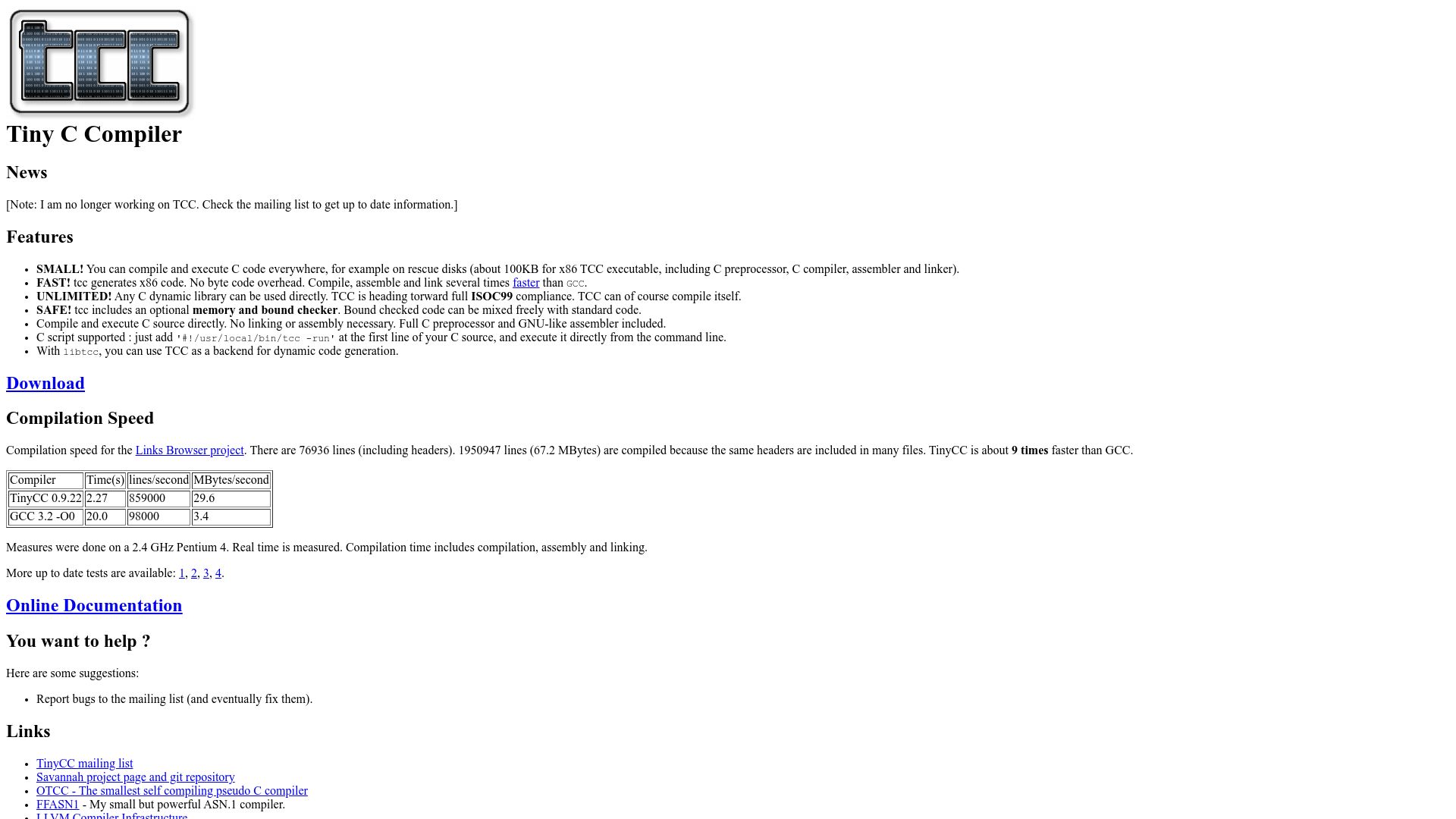 Screenshot of bellard.org: Tiny C Compiler