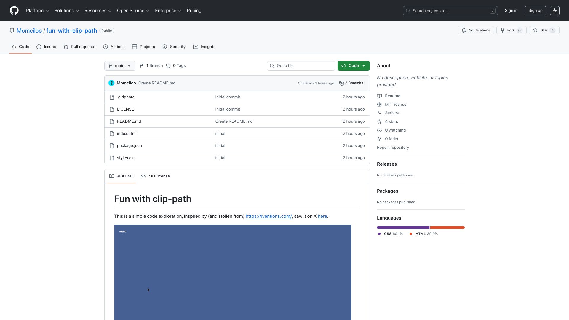Screenshot of github.com: Show HN: I saw this cool navigation reveal, so I made a simple HTML+CSS version