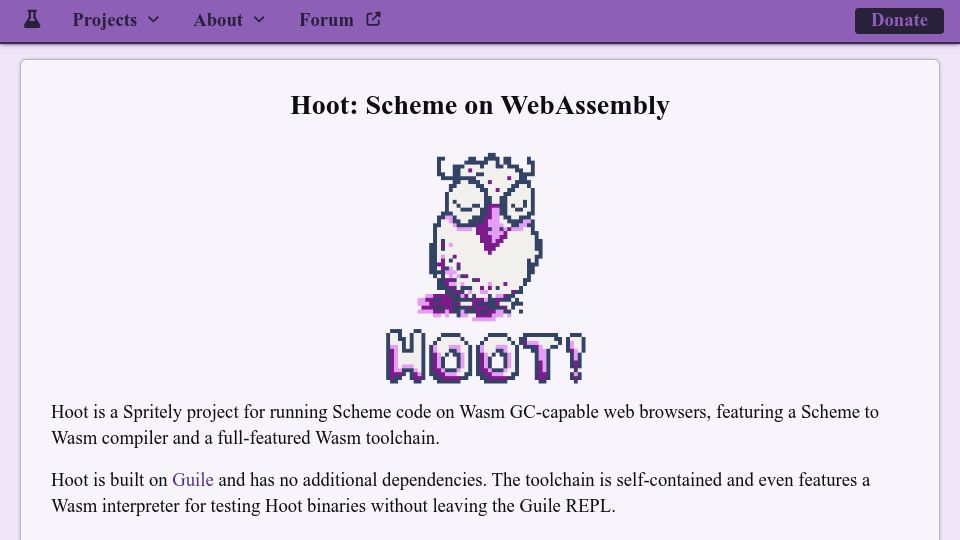 Screenshot of spritely.institute: Hoot: Scheme on WebAssembly