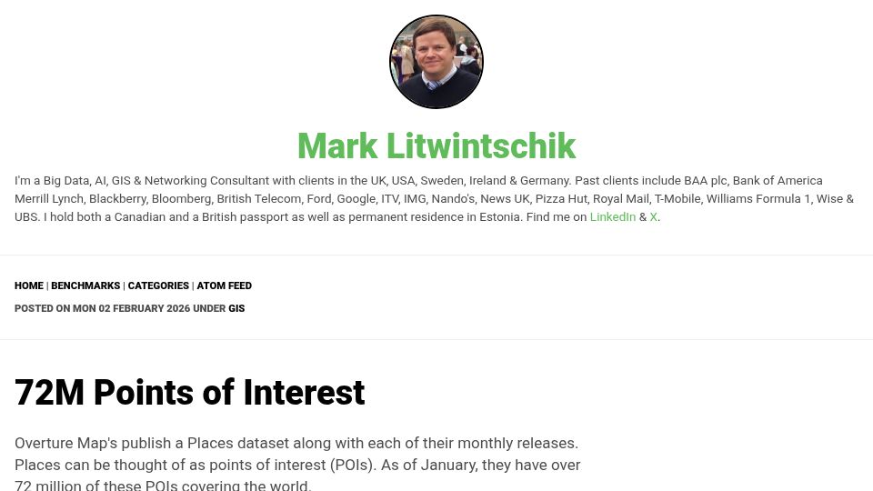 Screenshot of tech.marksblogg.com: 72M Points of Interest