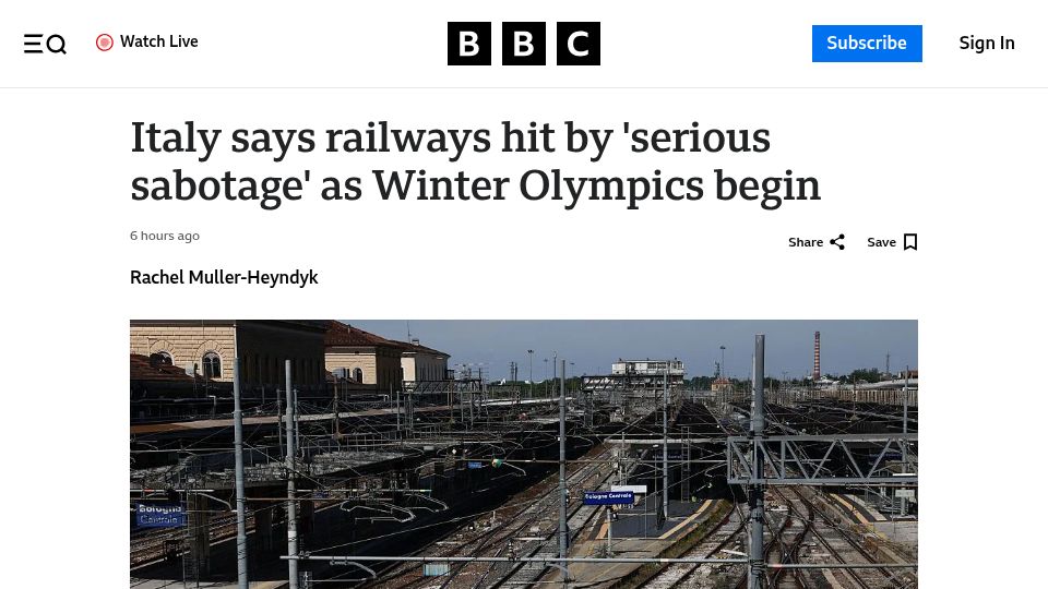 Screenshot of bbc.co.uk: Italy Railways Sabotaged