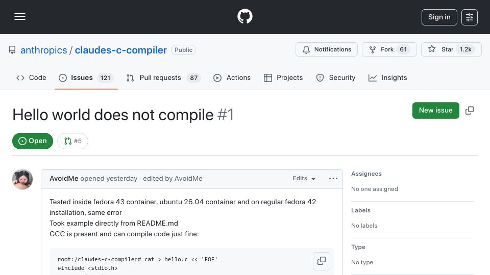 Screenshot of github.com: Hello world does not compile