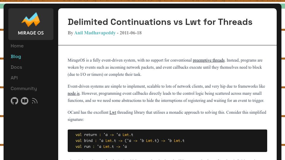 Screenshot of mirageos.org: Delimited Continuations vs. Lwt for Threads