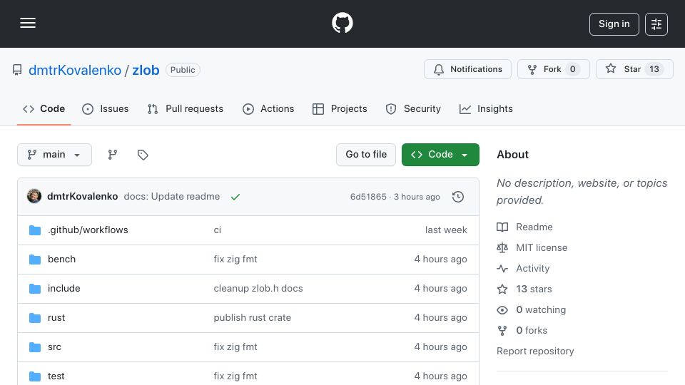 Screenshot of github.com: Zlob.h 100% POSIX and glibc compatible globbing lib that is faste and better
