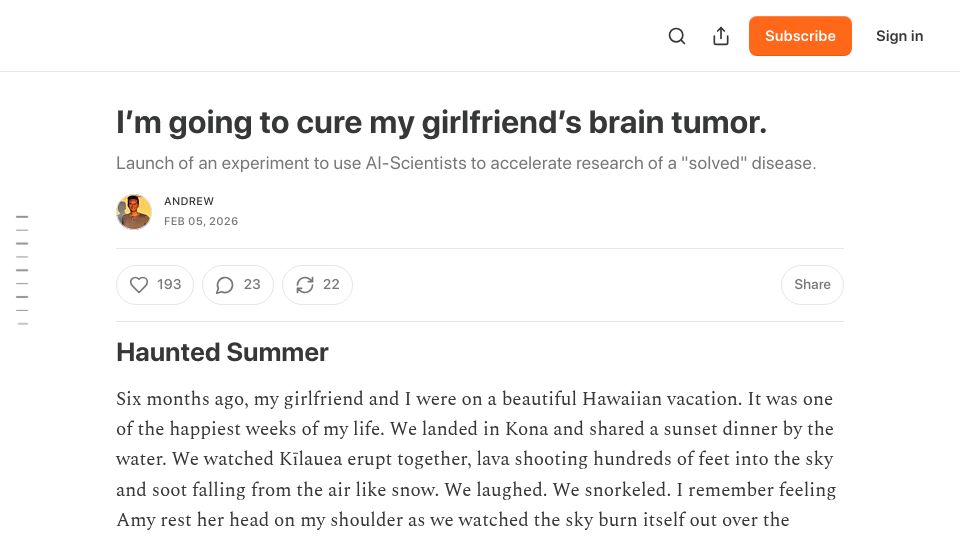 Screenshot of andrewjrod.substack.com: I'm going to cure my girlfriend's brain tumor